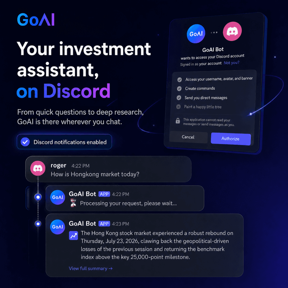 GoAI investment assistant connected to Discord with an authorization screen and market conversation