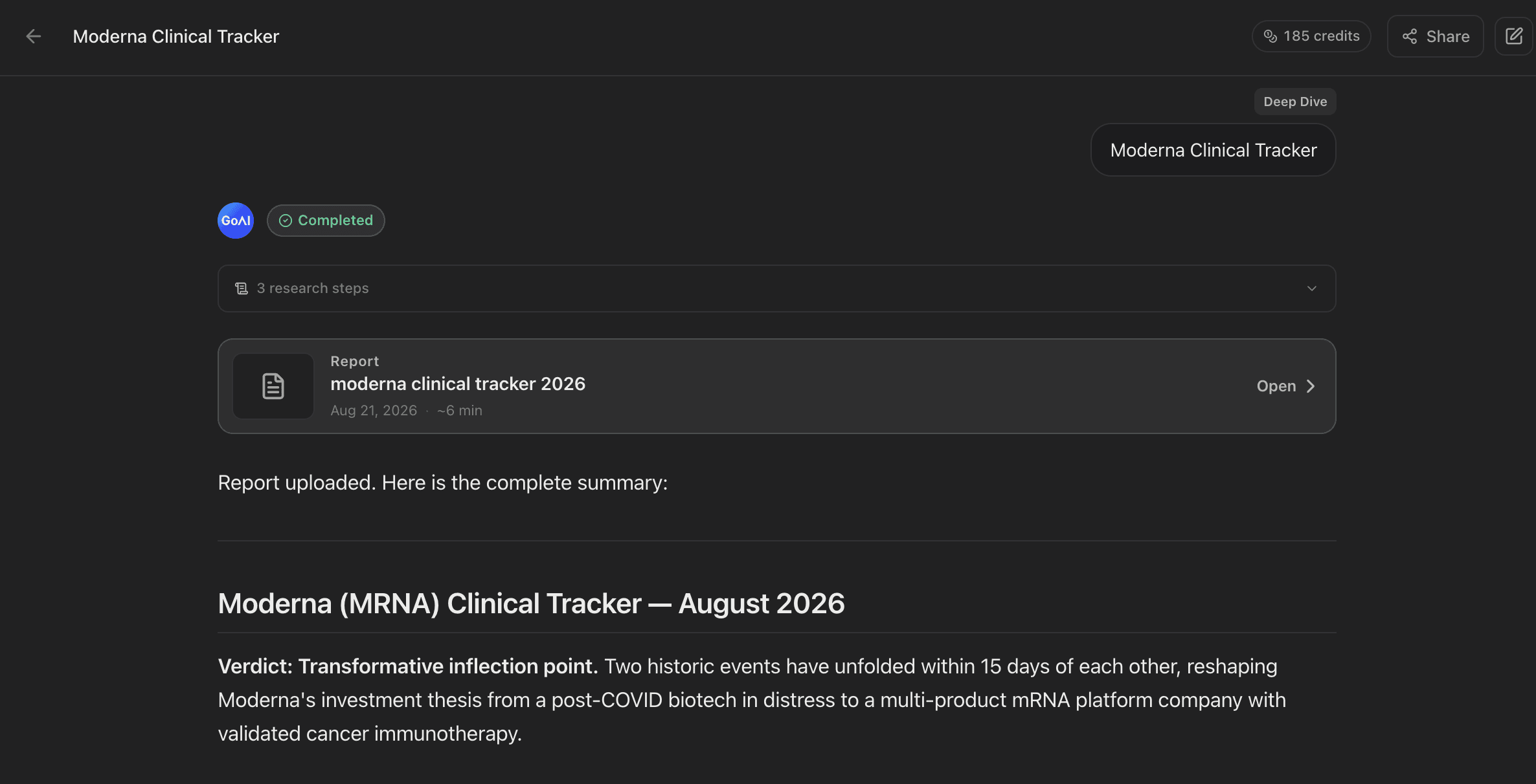 A completed Moderna Clinical Tracker report in GoAI